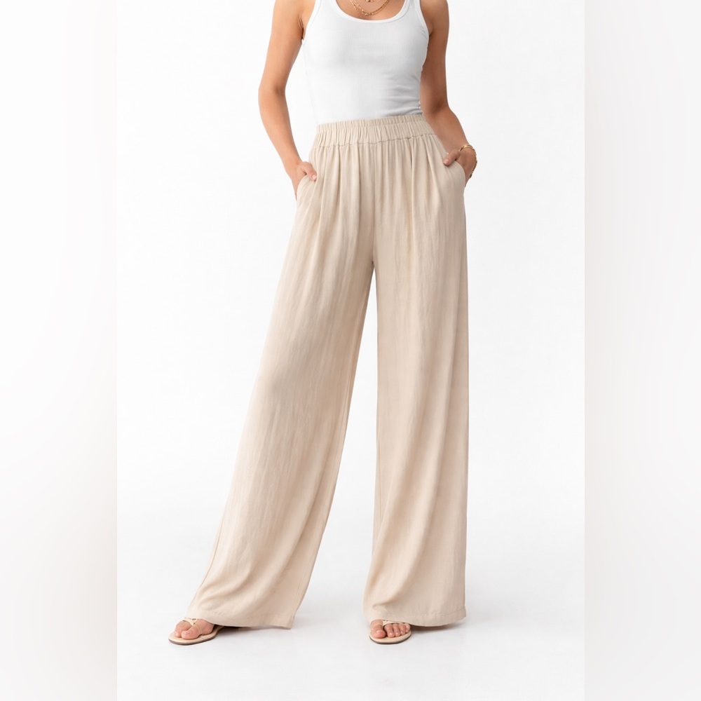 Zara Beige Wide Leg Flowy Pants Elastic Waist Neutral Relaxed Fit